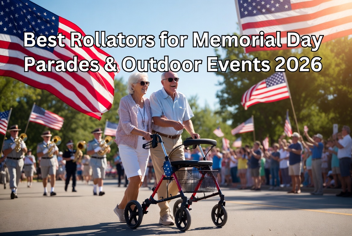 Senior couple using a rollator during a Memorial Day parade